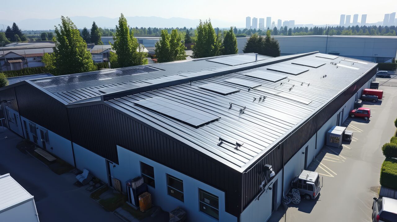 Corrugated metal roofing on an industrial building