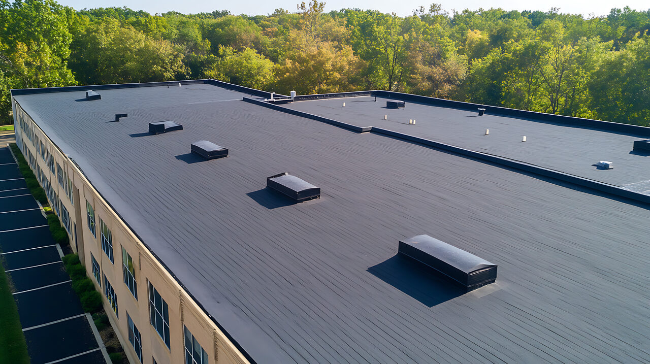 A low slope commercial roof before coating restoration