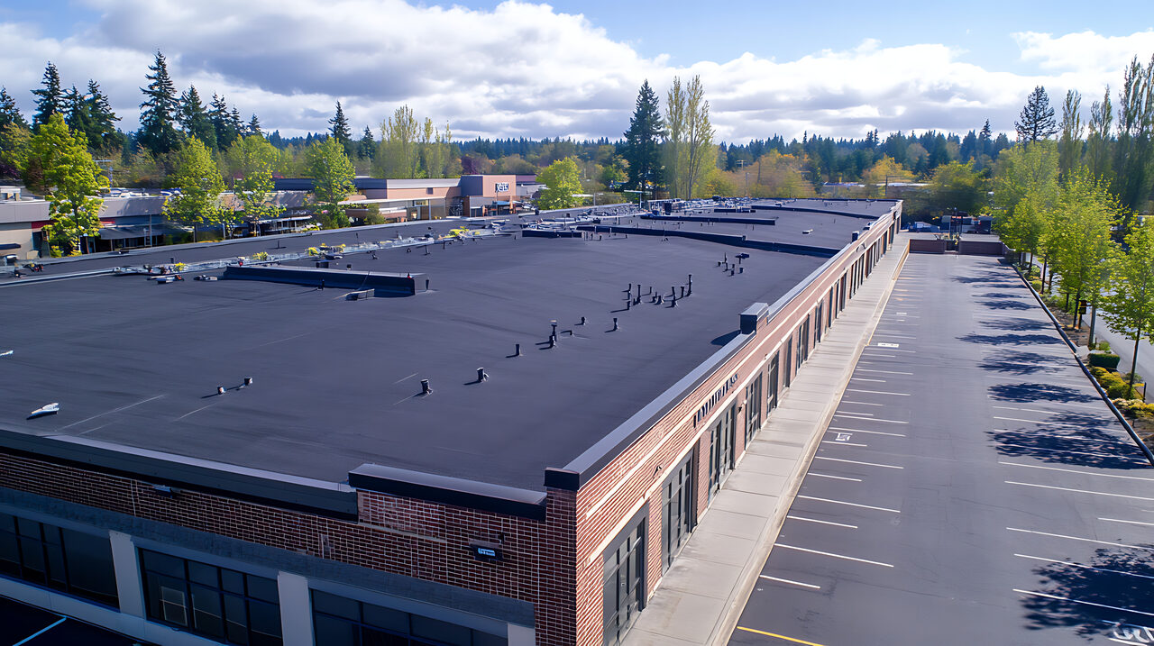Aerial view of a commercial retail building with a low slope roof