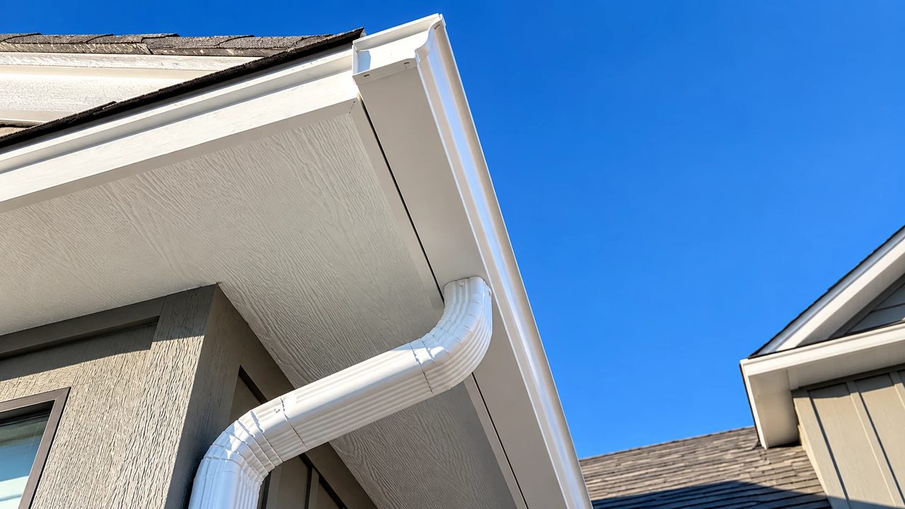 A white seamless gutter and downspout elbow at the corner of a house eave
