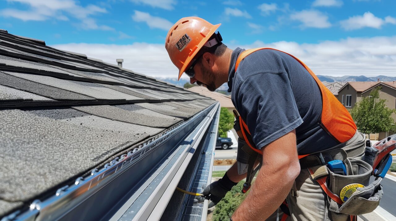 A Champion Roofing installer fitting a seamless gutter along an eave