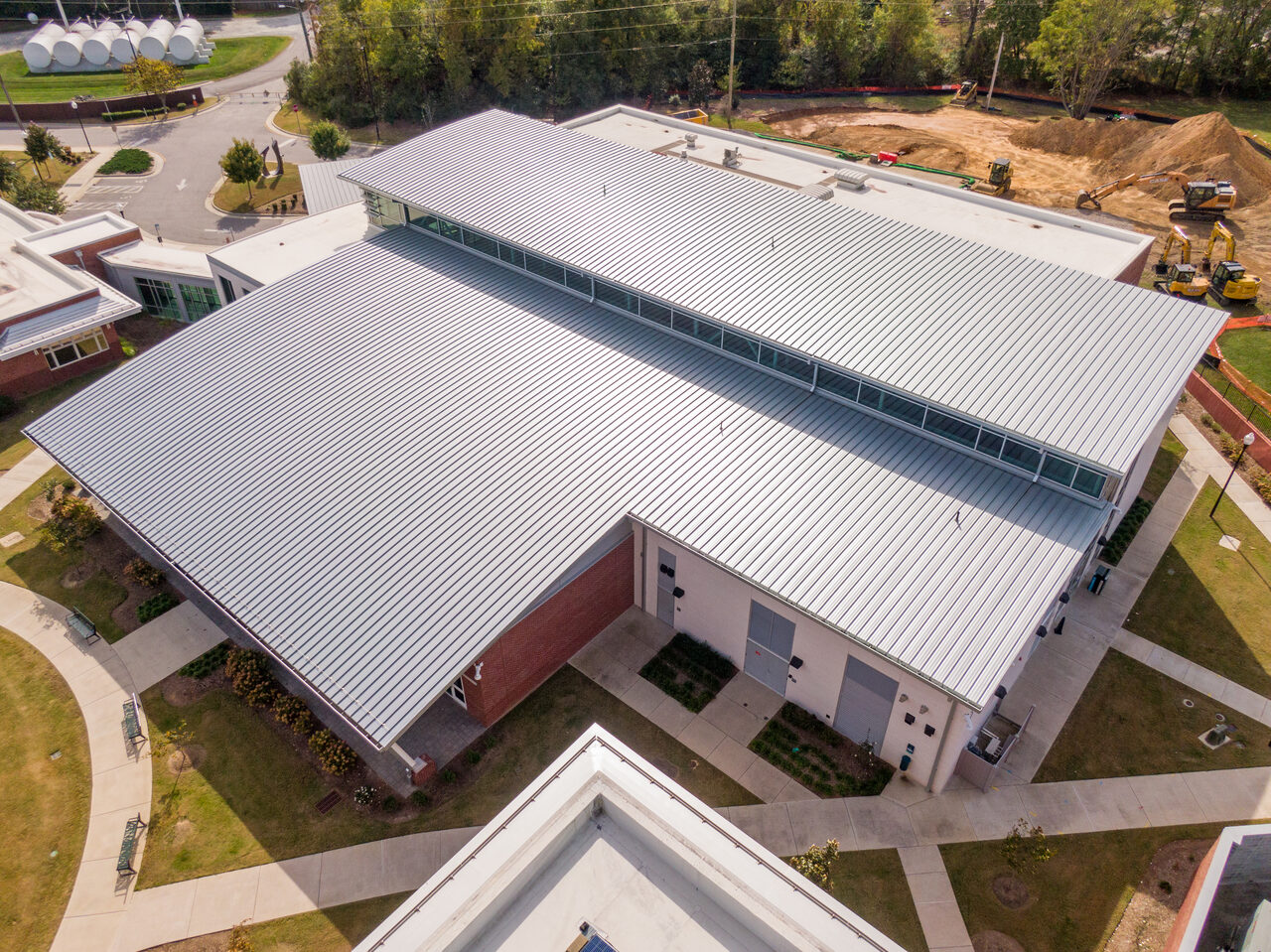 A standing seam metal roof on a commercial building