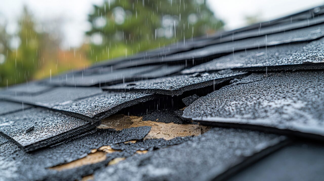 Damaged and lifted asphalt shingles on a residential roof