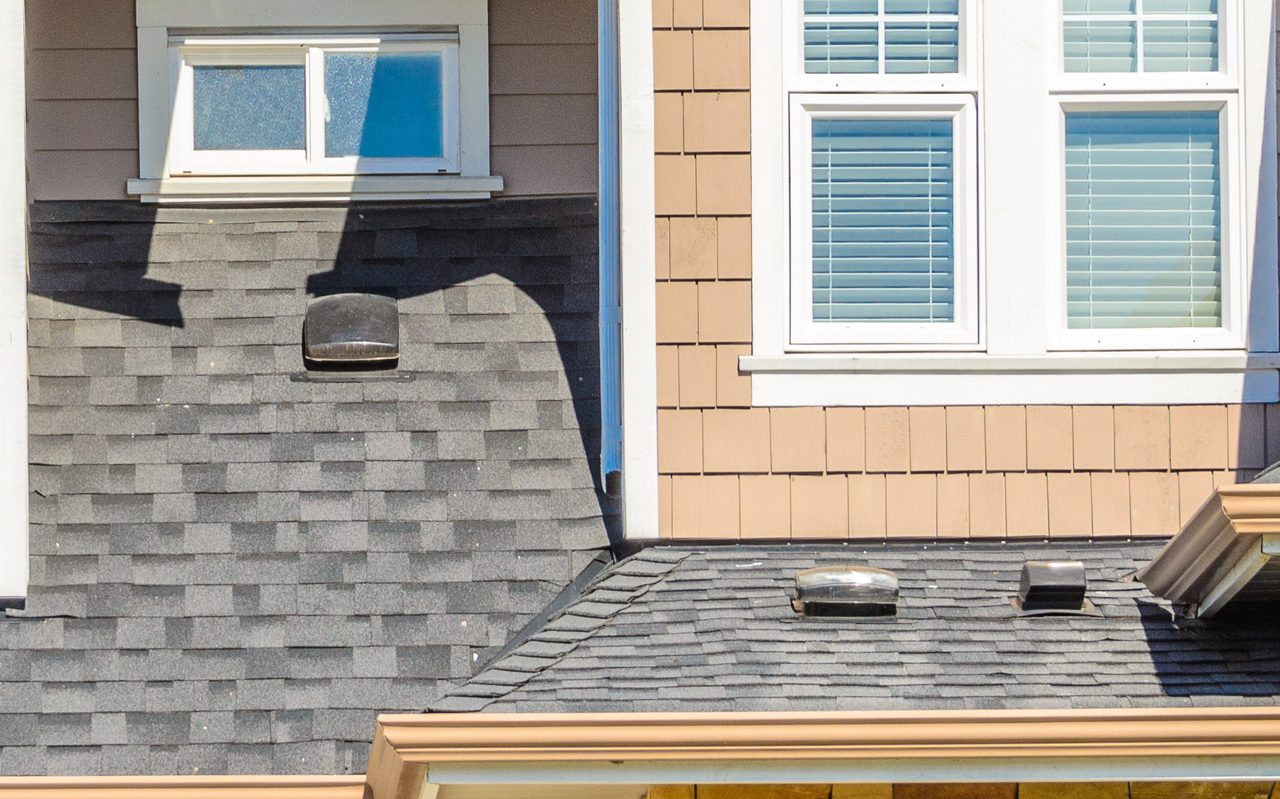Roof vents set into a gray shingle roof below a pair of windows