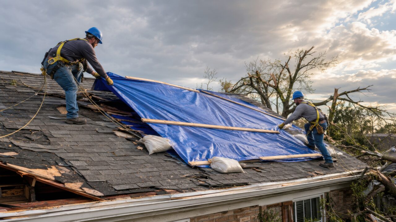 Roofing crew fitting a protective tarp over a storm damaged roof