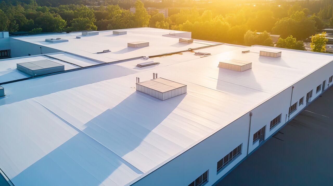 White TPO membrane roof on a commercial building