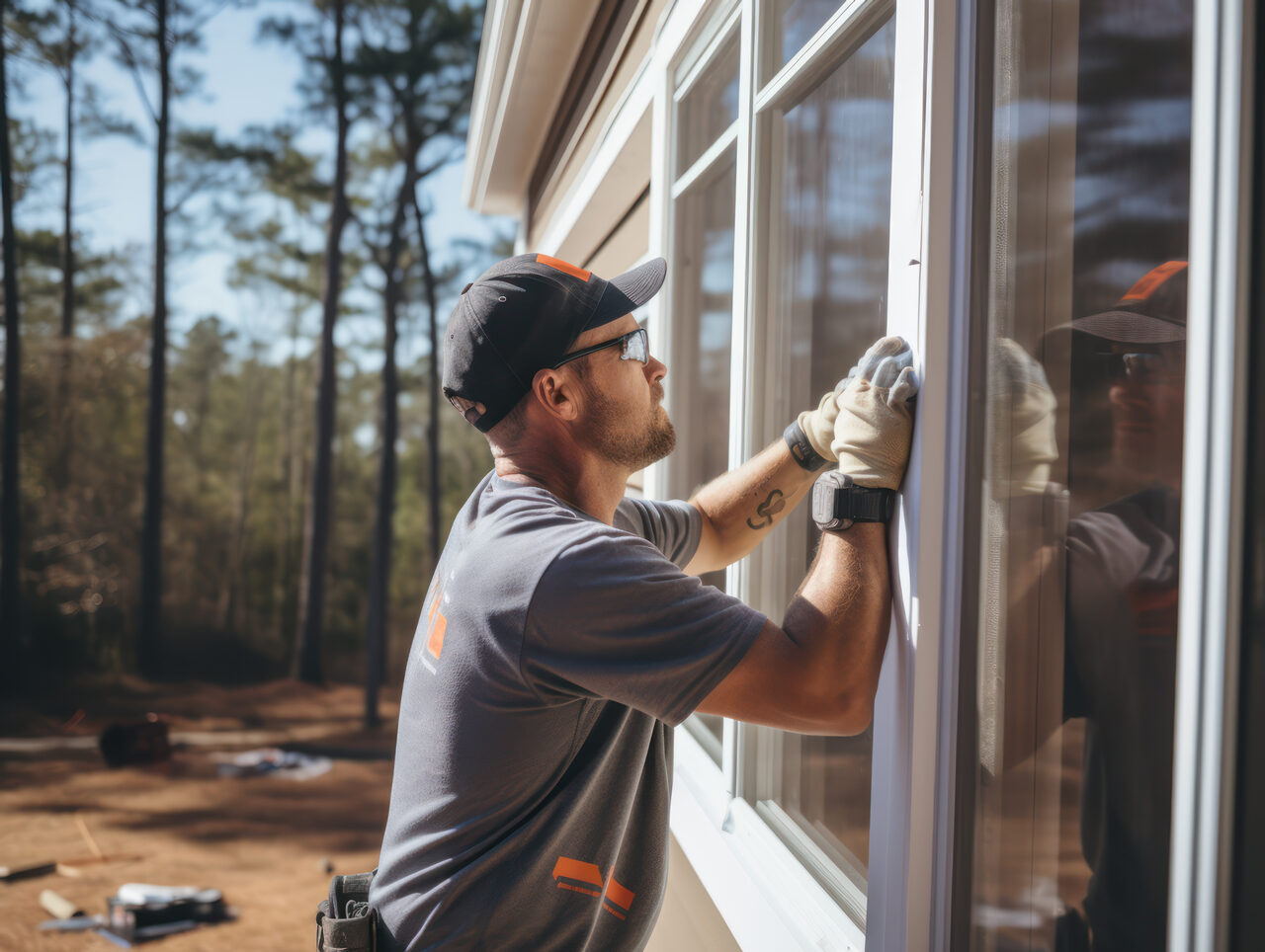 An installer setting a replacement window into a frame on a sunny day