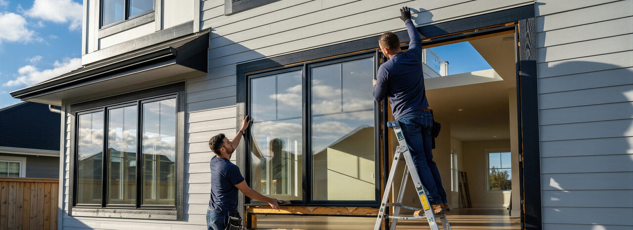 Two installers fitting a replacement window from the exterior of a home